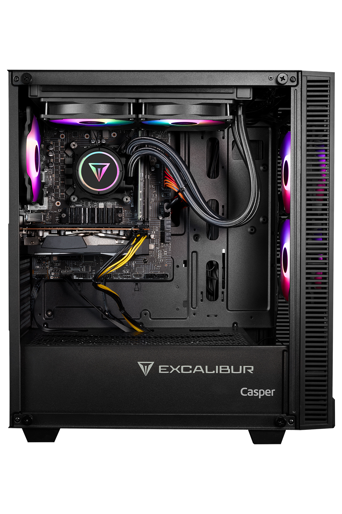 RGB aydınlatmalı ve dahili bileşenlere sahip siyah bir PC kasası.