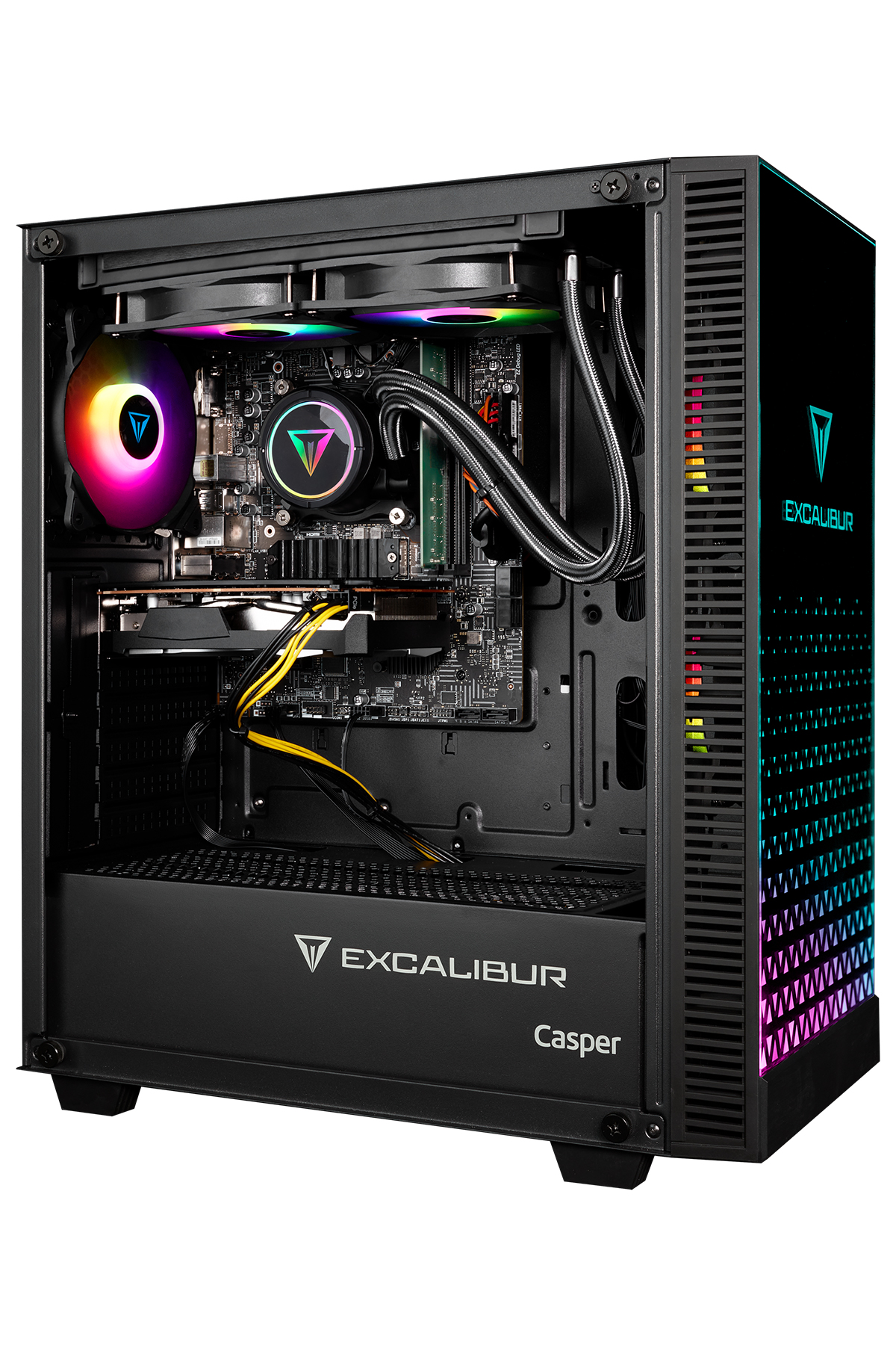 Fanlarda ve kasada RGB aydınlatmalı siyah bilgisayar kasasının iç görünümü.