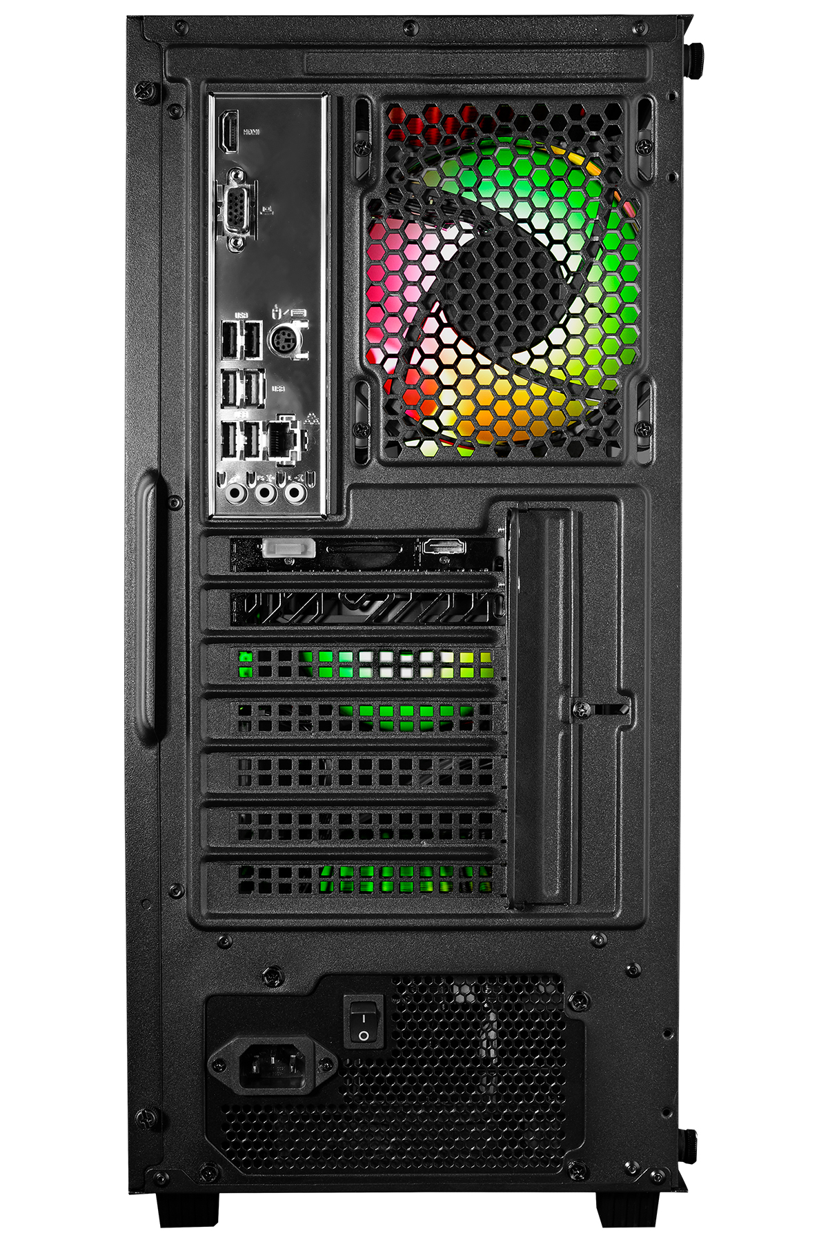 Portları, renkli LED'li fanı ve güç anahtarı olan siyah PC kasasının arkası.