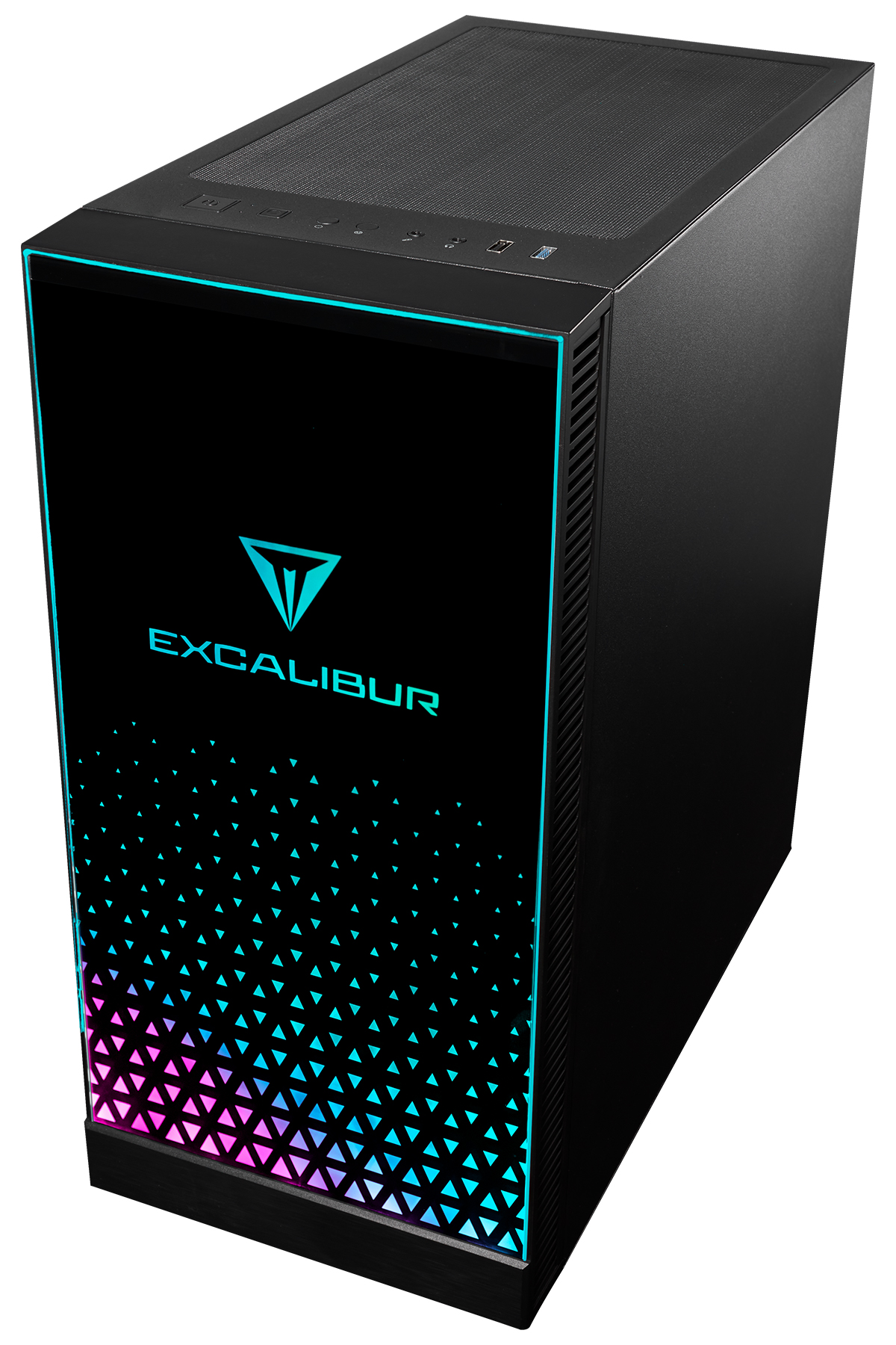 Excalibur logosu ve mavi/pembe üçgen desenli siyah bilgisayar kasası.