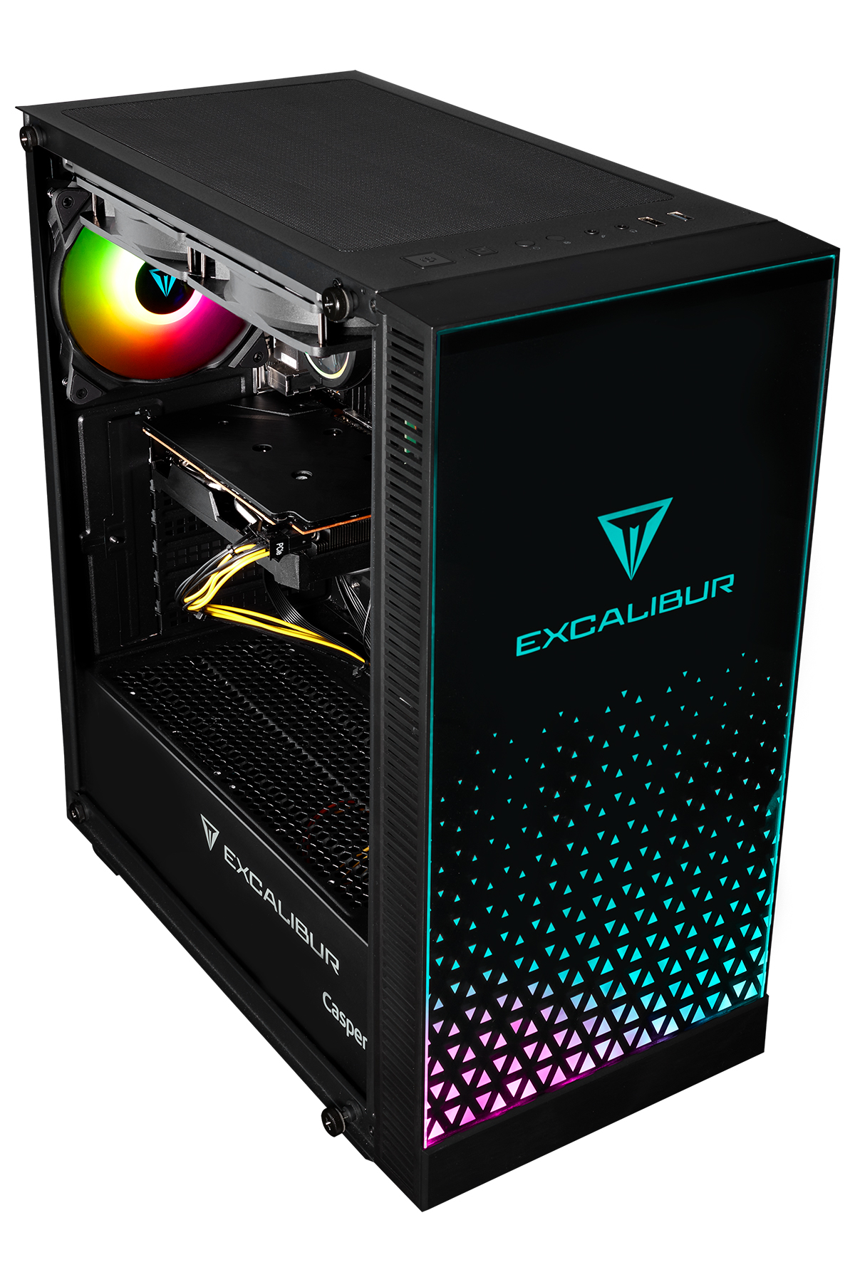 RGB fanlı, aydınlatmalı logolu ve üçgen desenli siyah bilgisayar kasası.