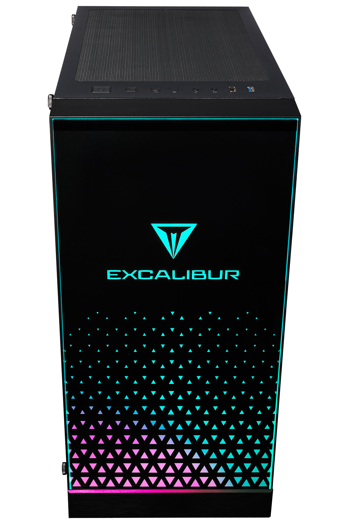 Parlayan Excalibur logosu ve üçgen deseni olan siyah bilgisayar kasası.