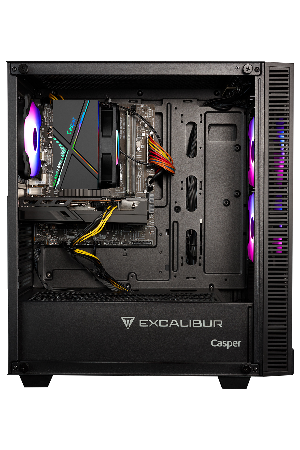 RGB fanlar, grafik kartı, CPU soğutucu ve kabloları olan açık siyah bir PC kasası.