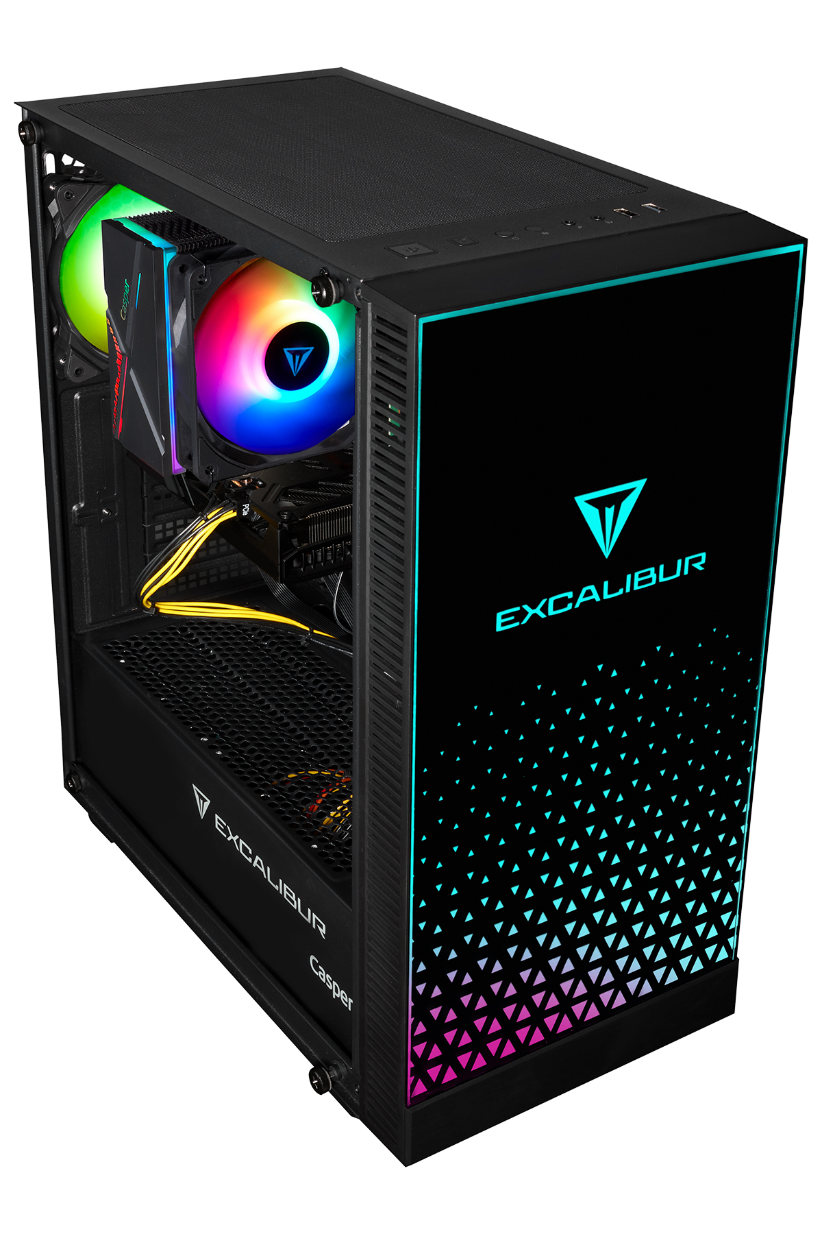 RGB fanlar ve Excalibur logosuna sahip siyah bilgisayar kasası. Ön panelde üçgen desen bulunur.