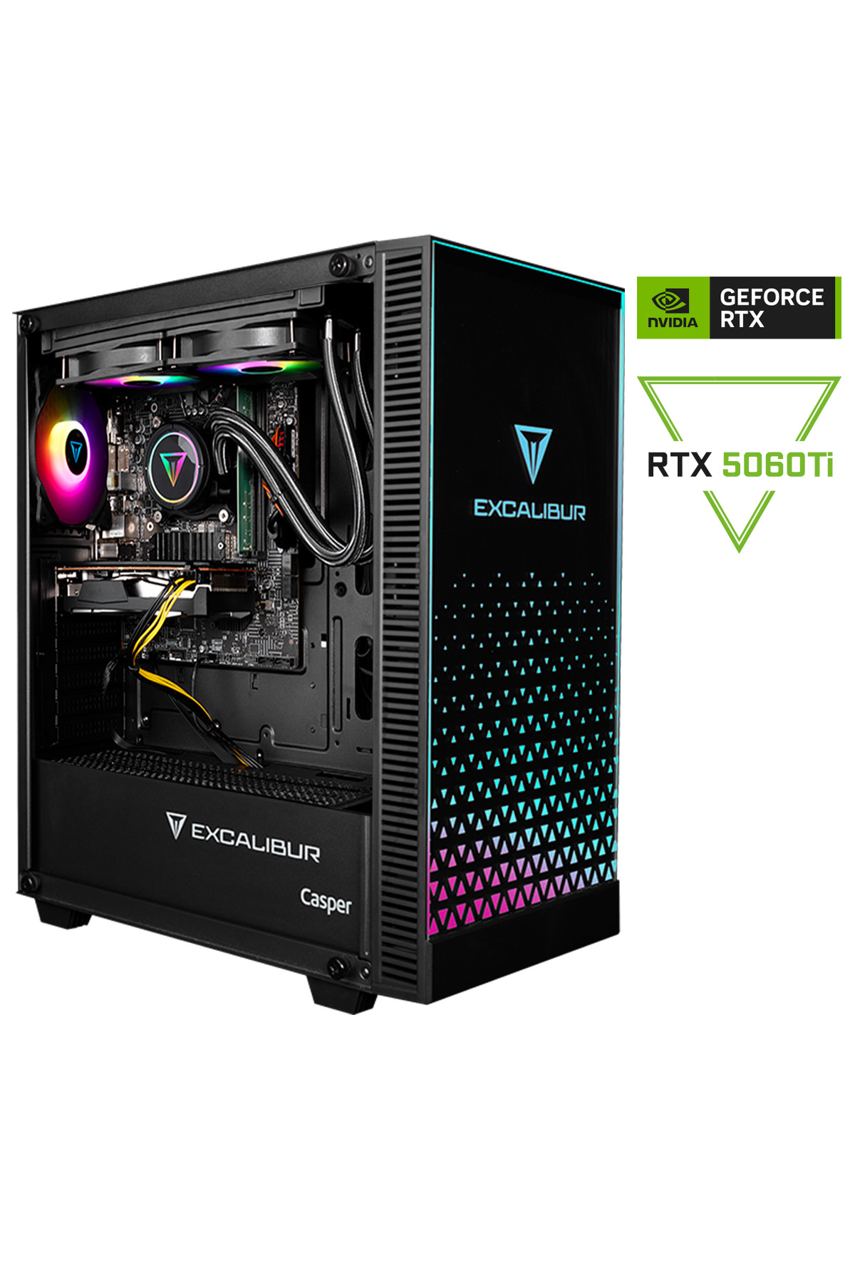 RGB fanlı, sıvı soğutmalı, RTX 5060Ti logolu siyah oyuncu bilgisayarı.