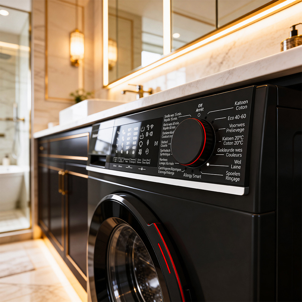Modern black washing machine with control panel and LED lighting in a luxurious bathroom.