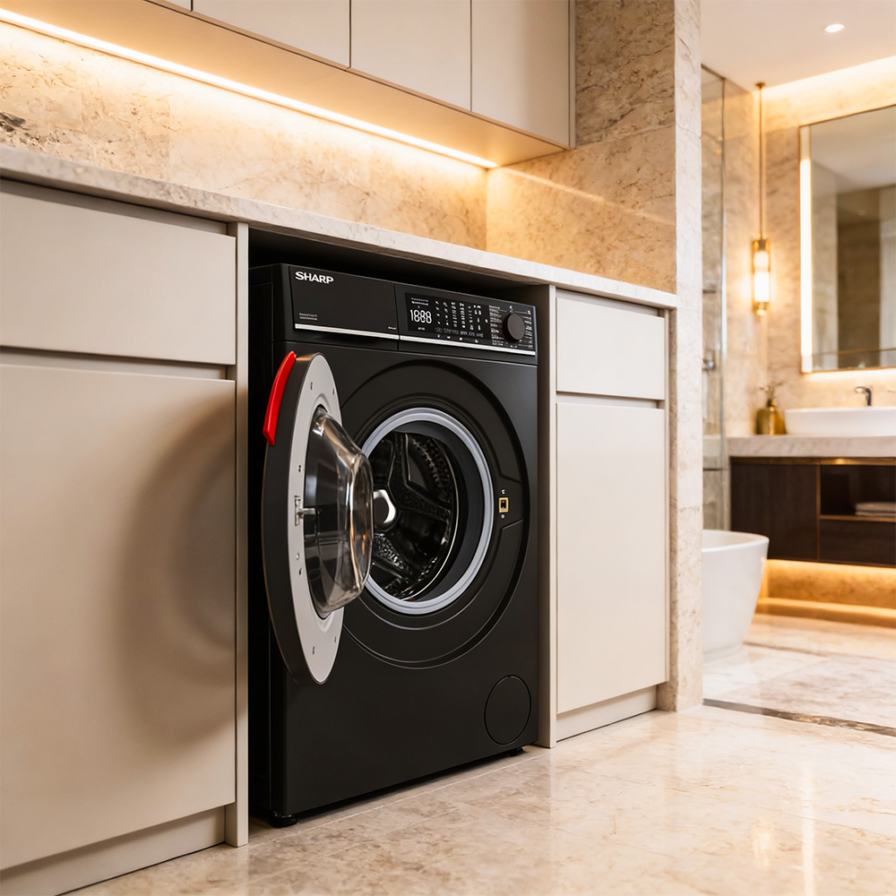 Black washing machine with open door, set within a modern bathroom interior.