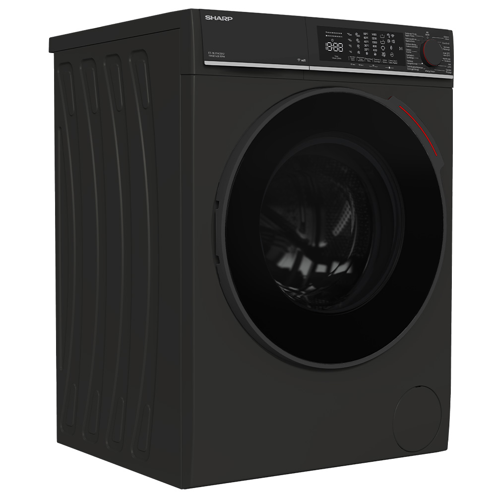 A black washing machine with a round door and a digital display.