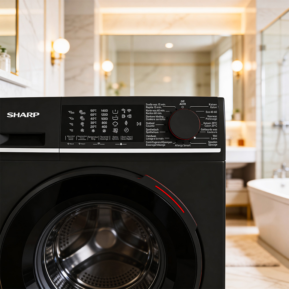 Black Sharp washing machine in a bathroom showing the control panel and drum.