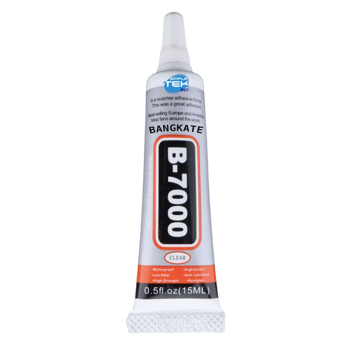 Un tubetto di adesivo B-7000 con caratteristiche: impermeabile, basso odore, alta resistenza, elastico.
