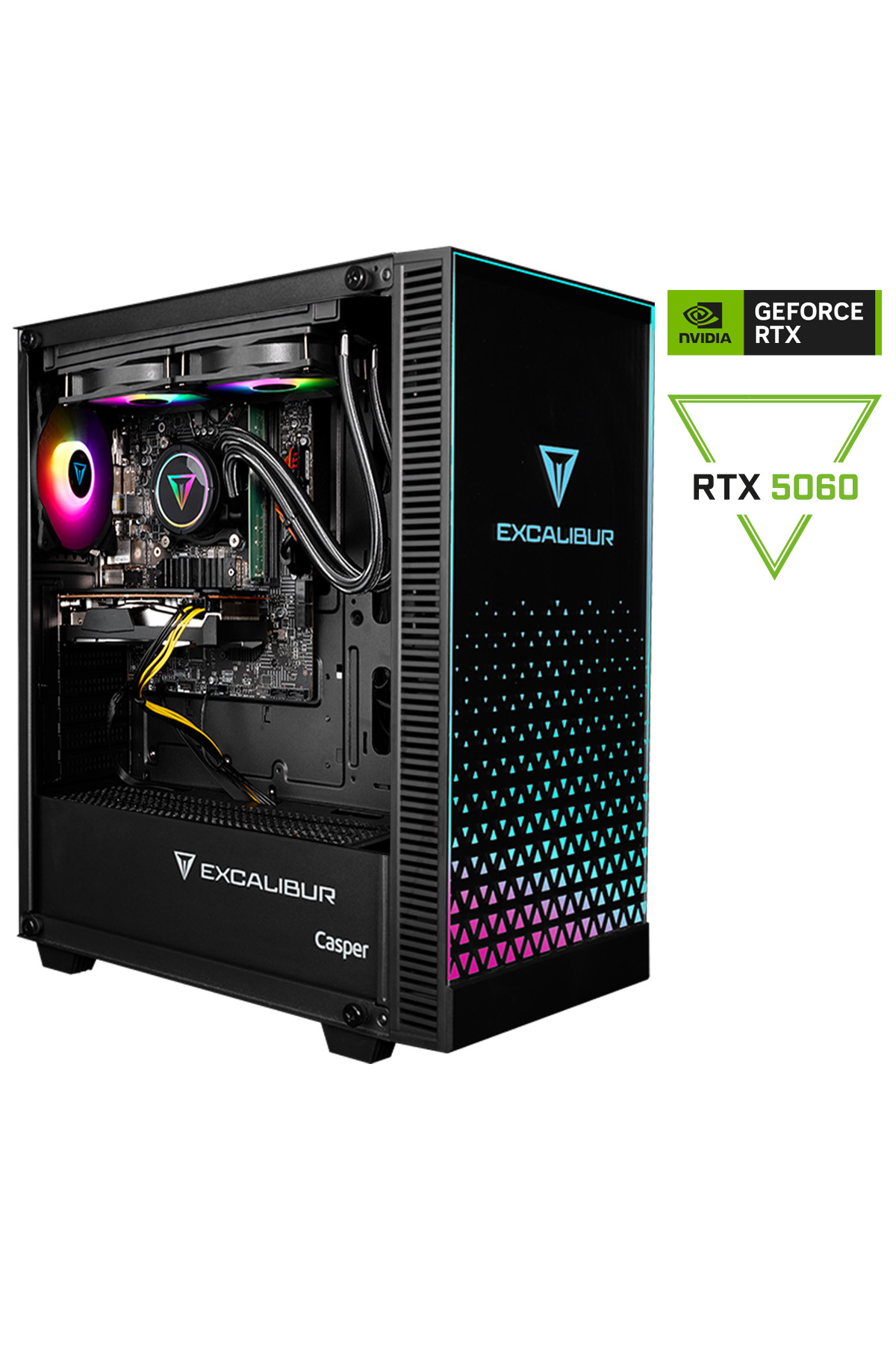 İç bileşenleri görünen ve RTX 5060 markalamasına sahip siyah Excalibur PC.