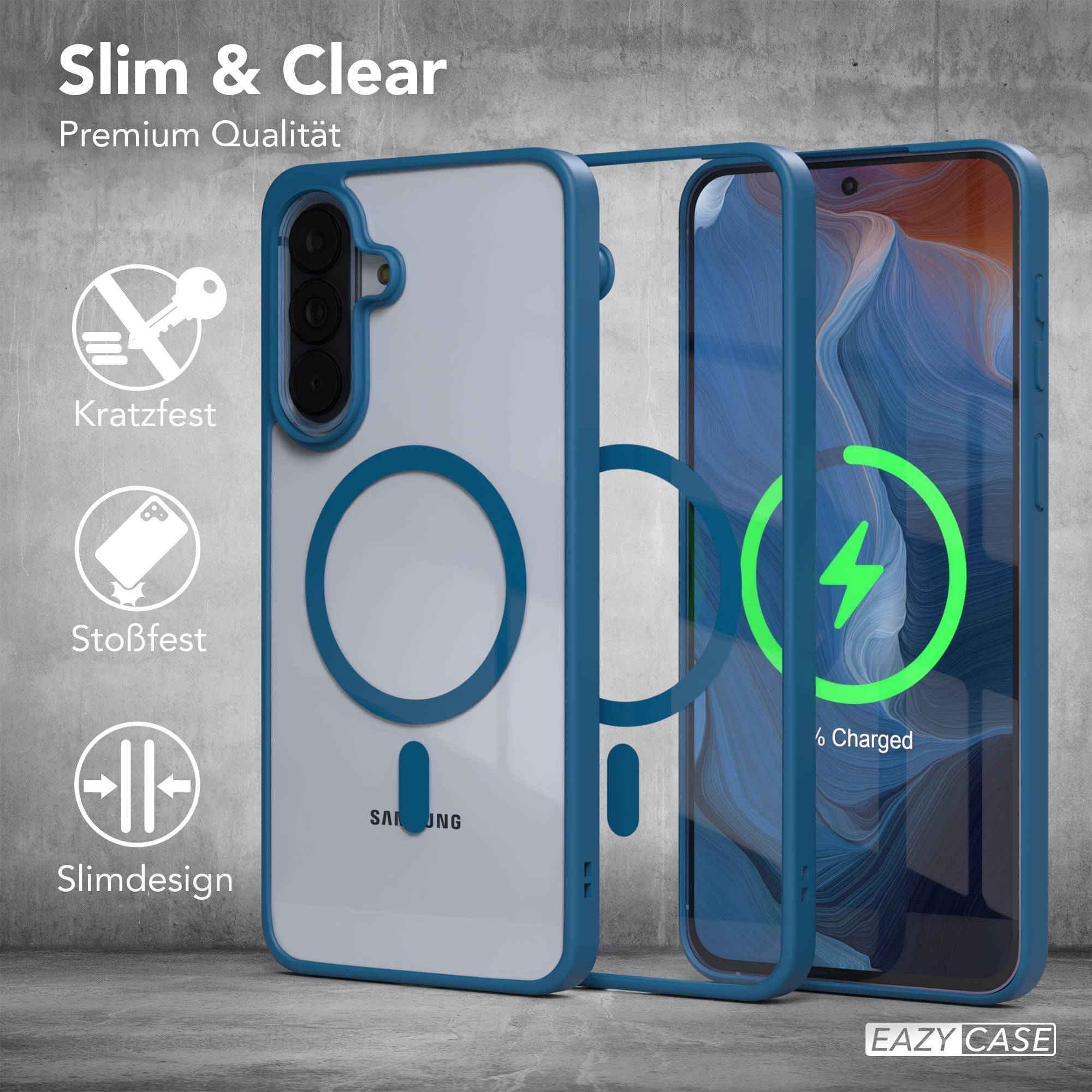 Ein blauer Handyhülle-Prototyp mit Samsung-Logo und Ladeanzeige.