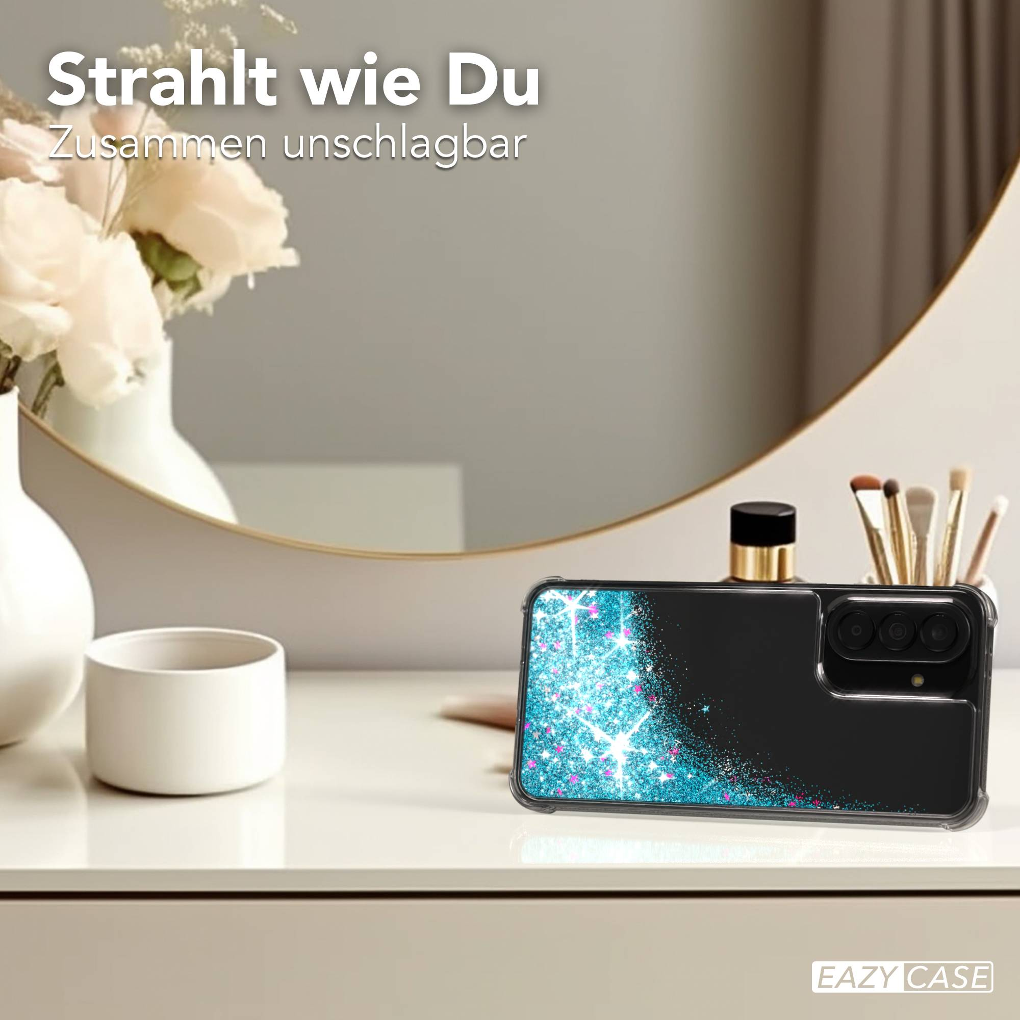 Schwarzes Handyhülle mit Glitzer-Design auf einem Tisch neben Vasen und Kosmetikpinseln.