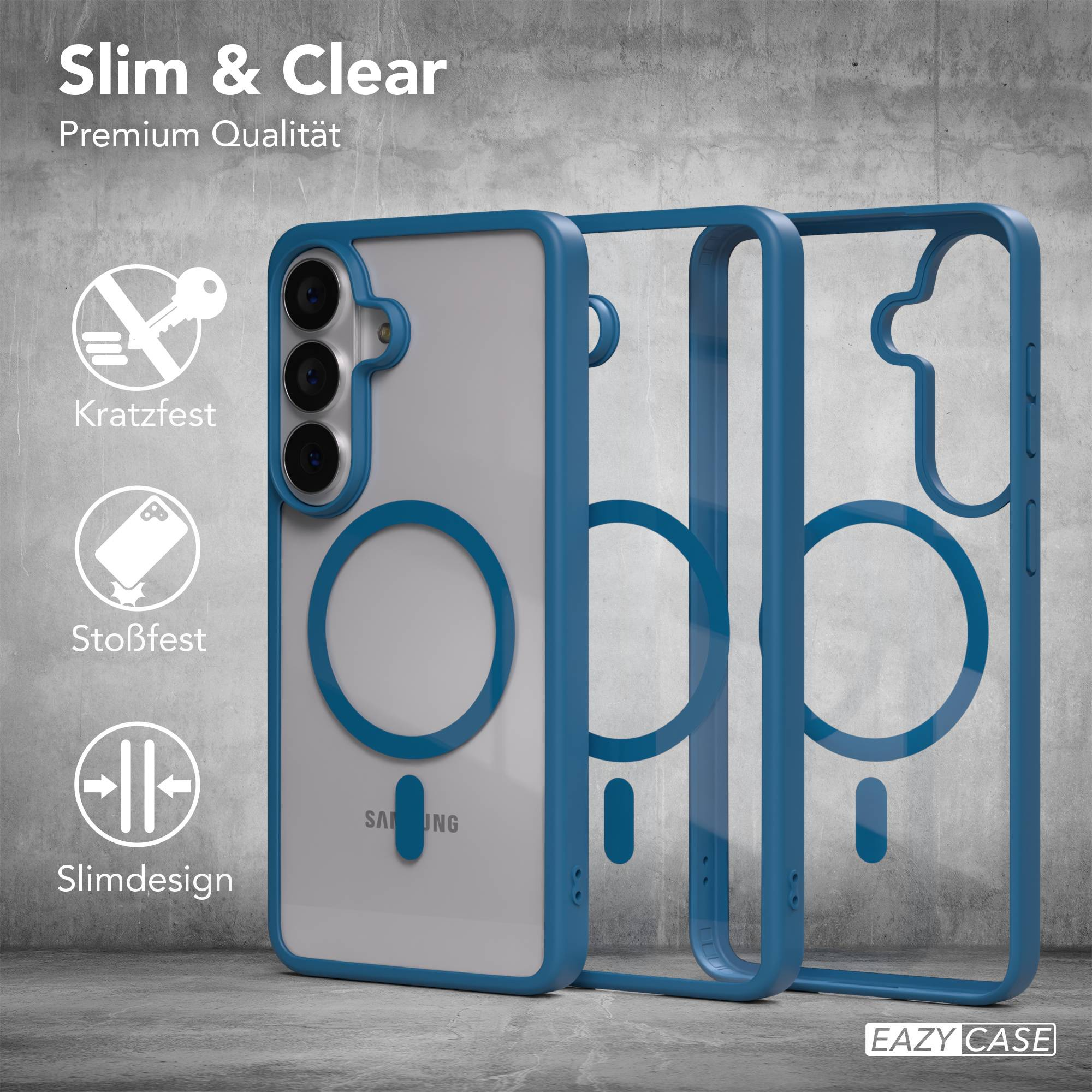 Blaue Handyhüllen mit "Slim & Clear" und "Premium Qualität" Aufschrift.
