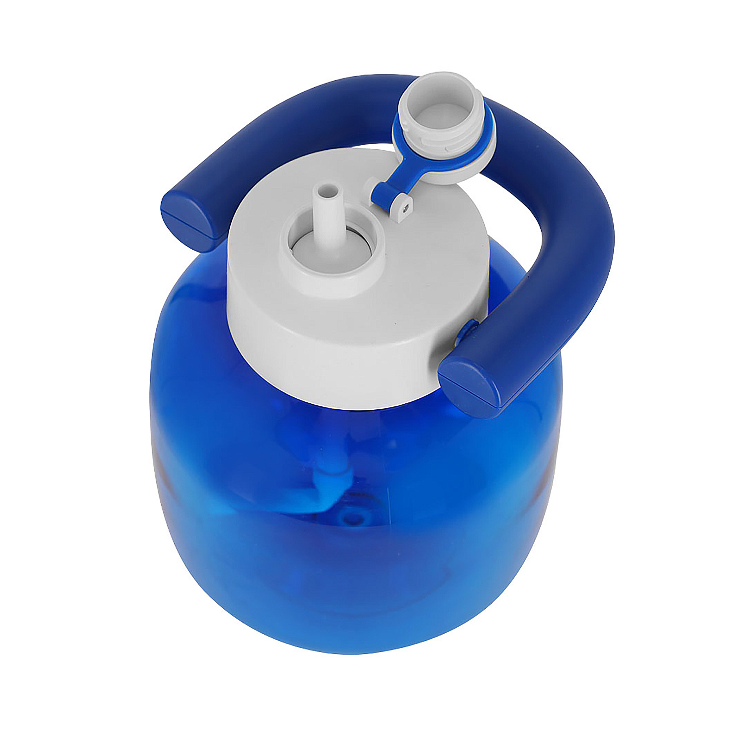 Un recipiente azul con tapa blanca y asa azul. Sobre fondo blanco.