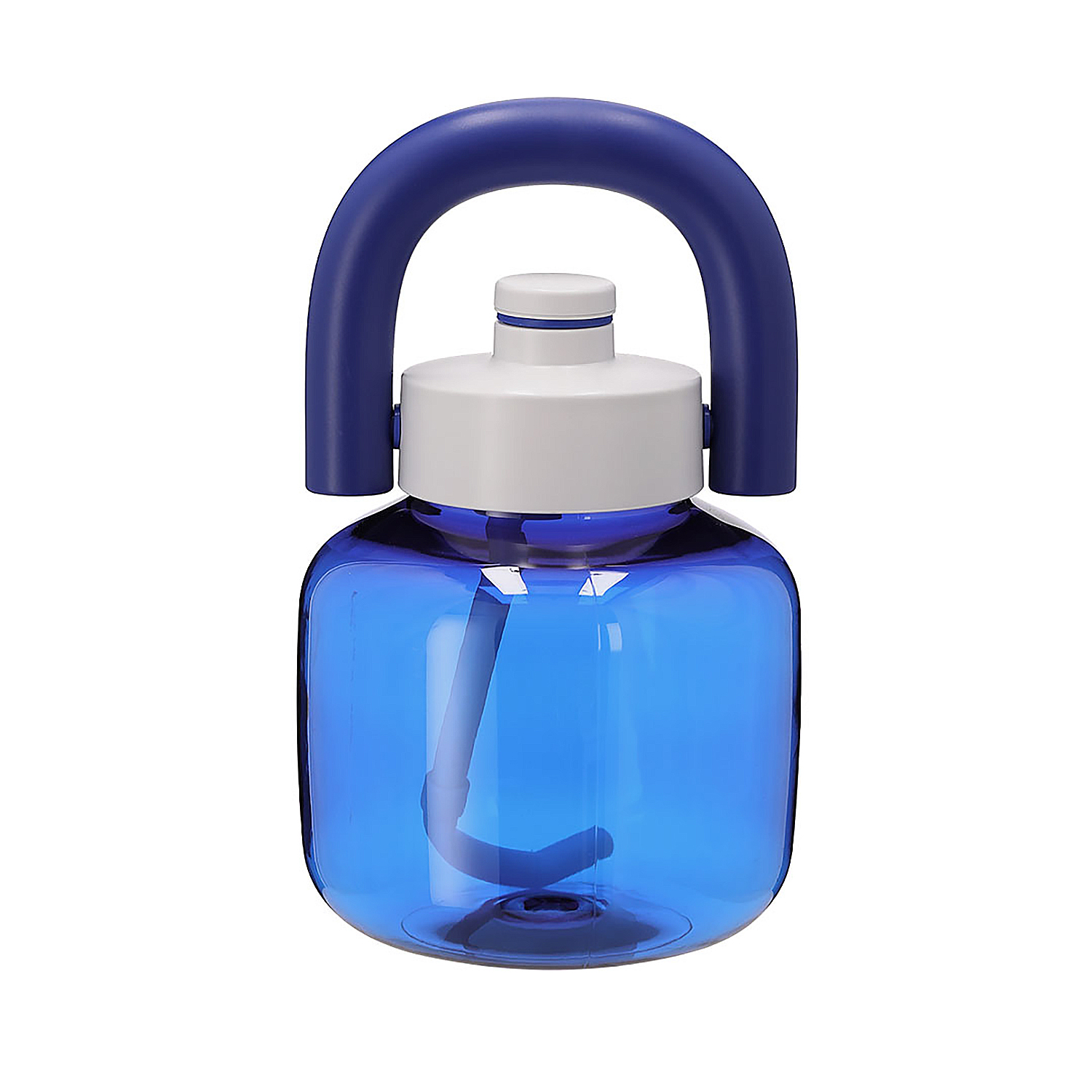 Una botella de agua azul con tapa blanca y asa azul.