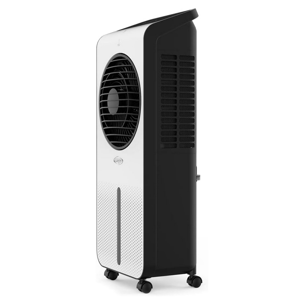 Un refrigeratore d'aria bianco e nero con ruote e serbatoio dell'acqua visibile.