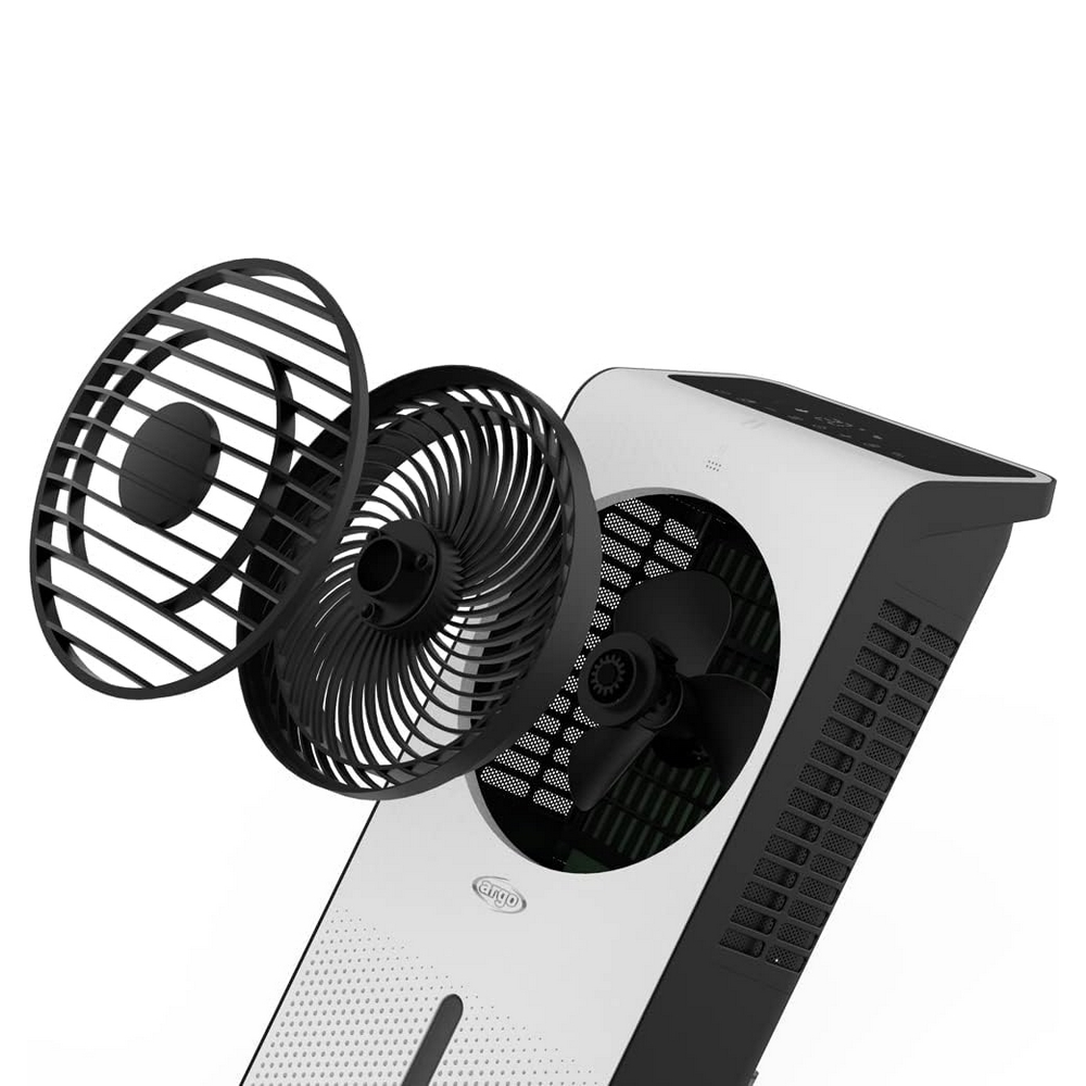Un ventilatore bianco con pale e griglie nere, mostrato smontato.