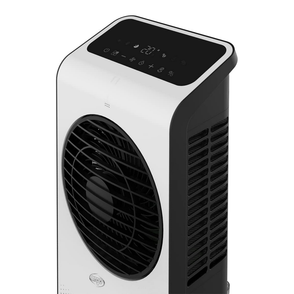 Ventilatore a torre bianco con pannello comandi nero e prese d'aria.
