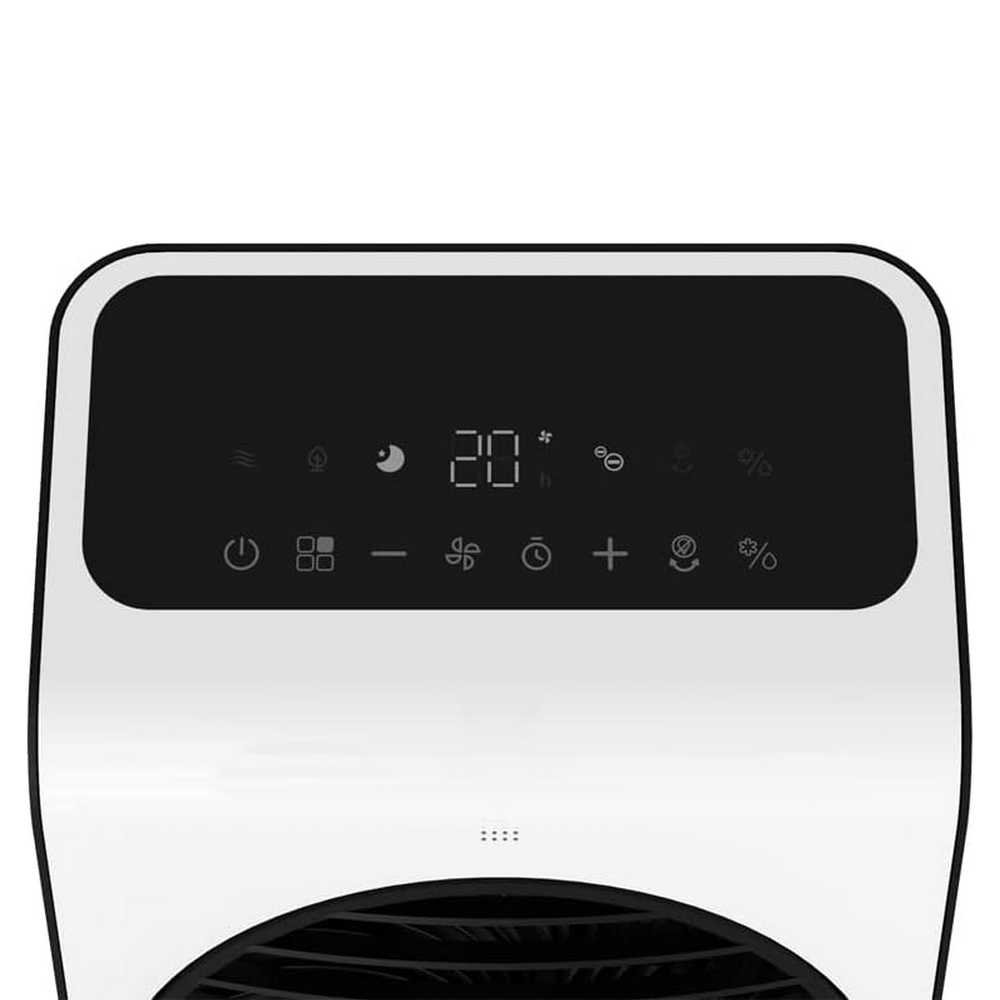 Display digitale di un ventilatore che mostra 20°C, accensione e controlli velocità ventola.