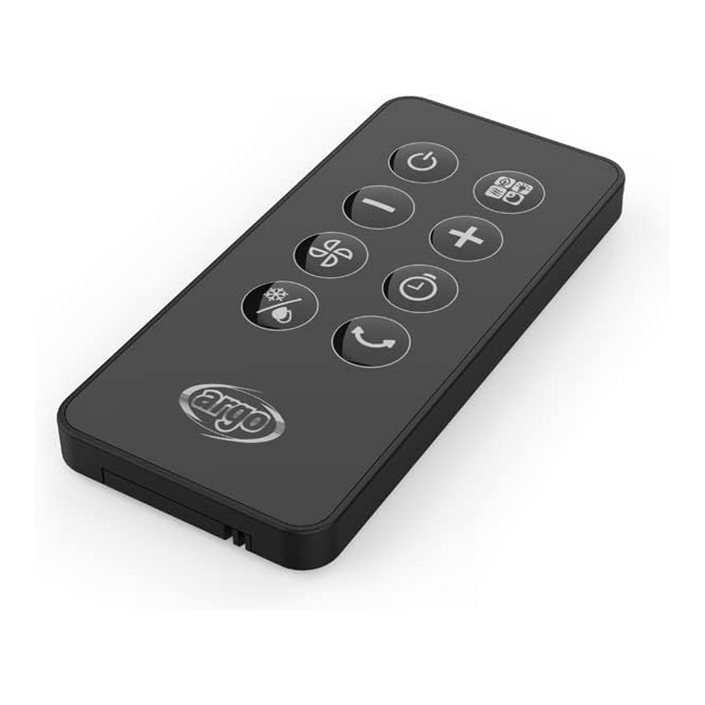 Telecomando nero con pulsanti per accensione, ventola e timer.