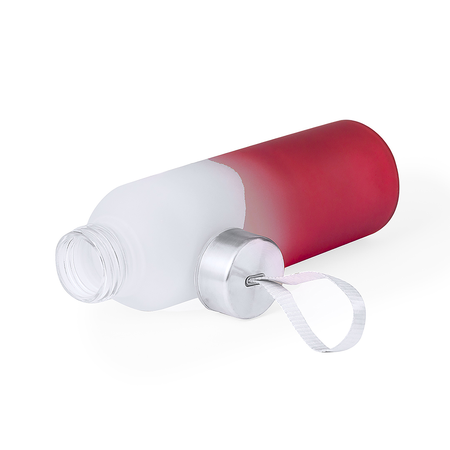 Botella de agua blanca y roja con tapa y asa plateadas.