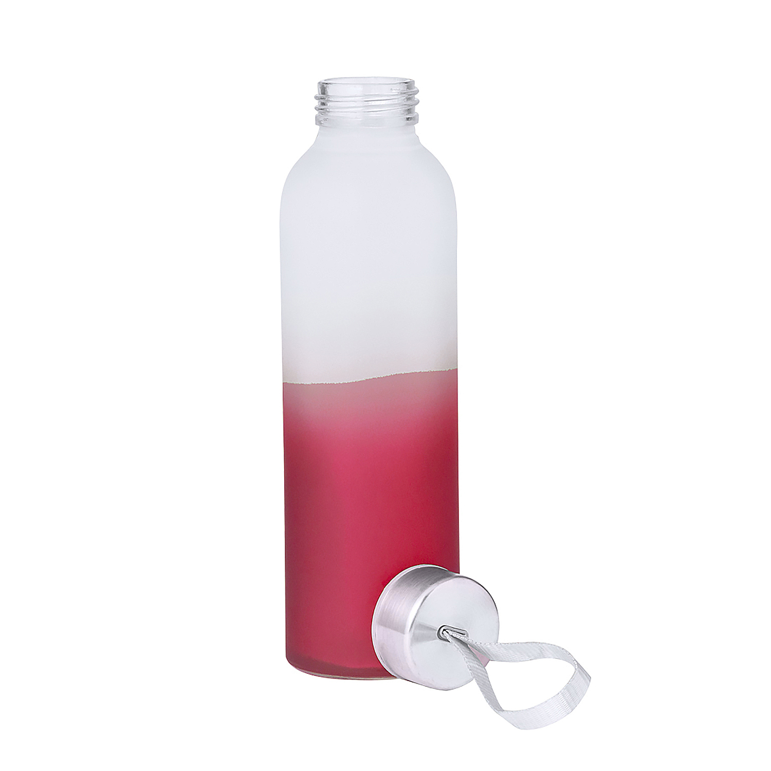 Una botella transparente con parte superior blanco mate y líquido rojo. La tapa está al lado.