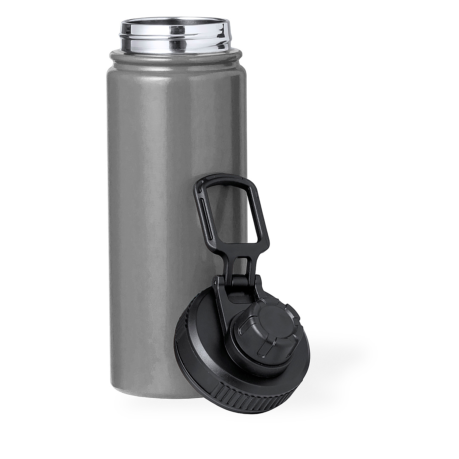 Botella de agua gris con tapa negra abierta, sobre fondo blanco.