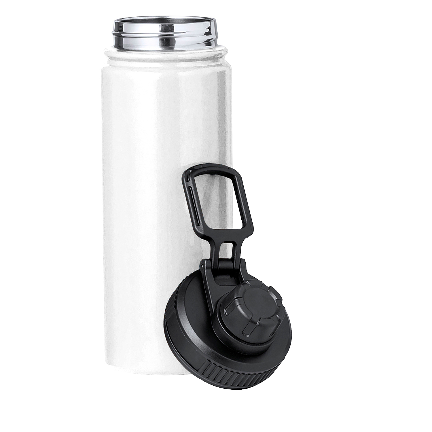 Botella de agua blanca con tapa y asa negras.