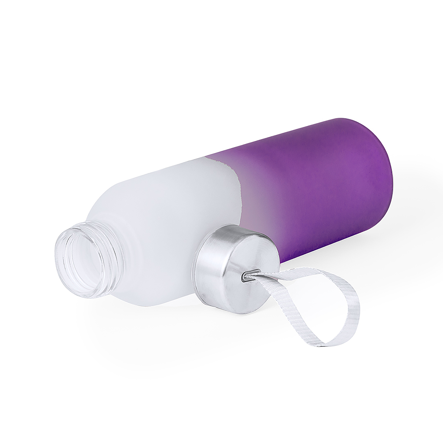 Una bottiglia di vetro bianca e viola con tappo argentato e cinturino bianco giace di lato.