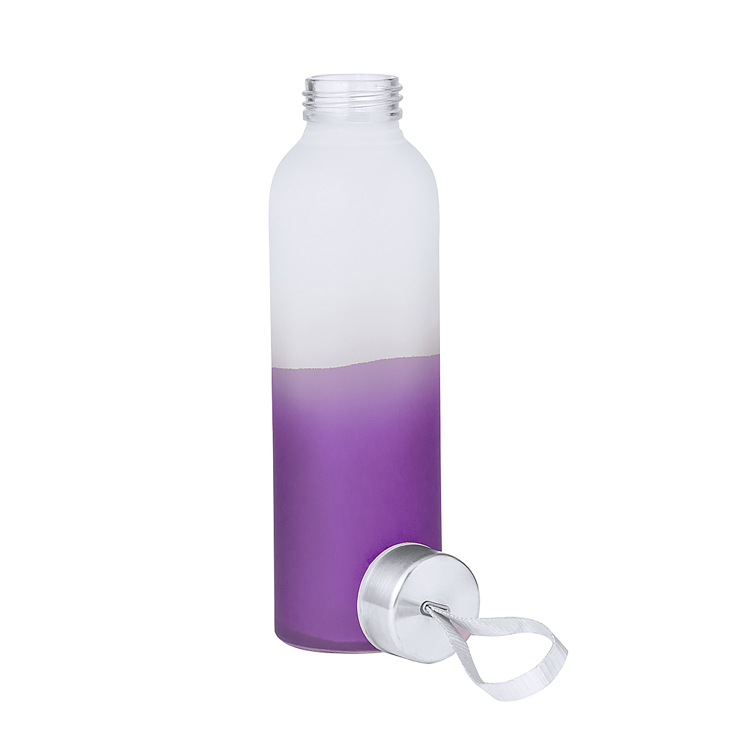 Una bottiglia satinata semipiena di liquido viola con tappo argentato.