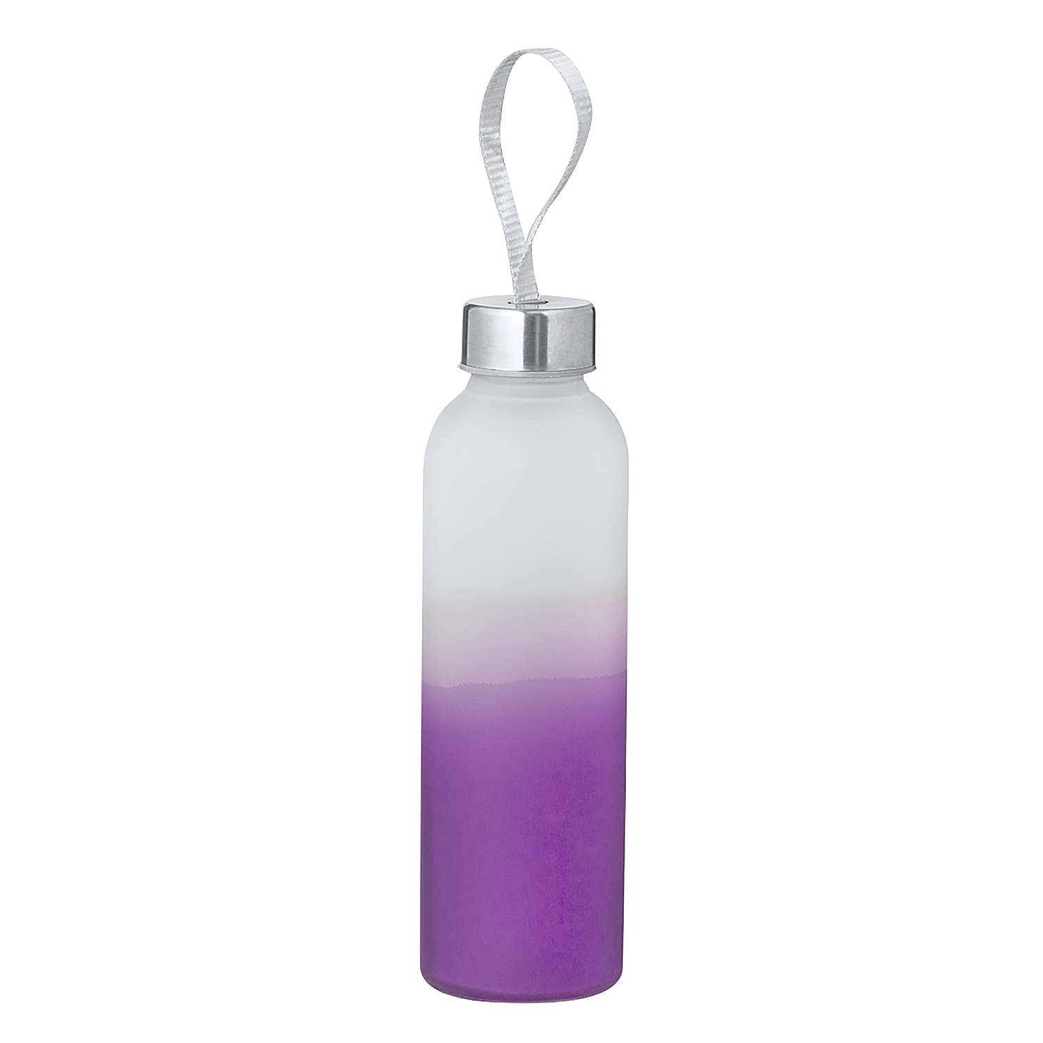 Bottiglia in vetro smerigliato con tappo e anello argentati, sfumata da bianco a viola.