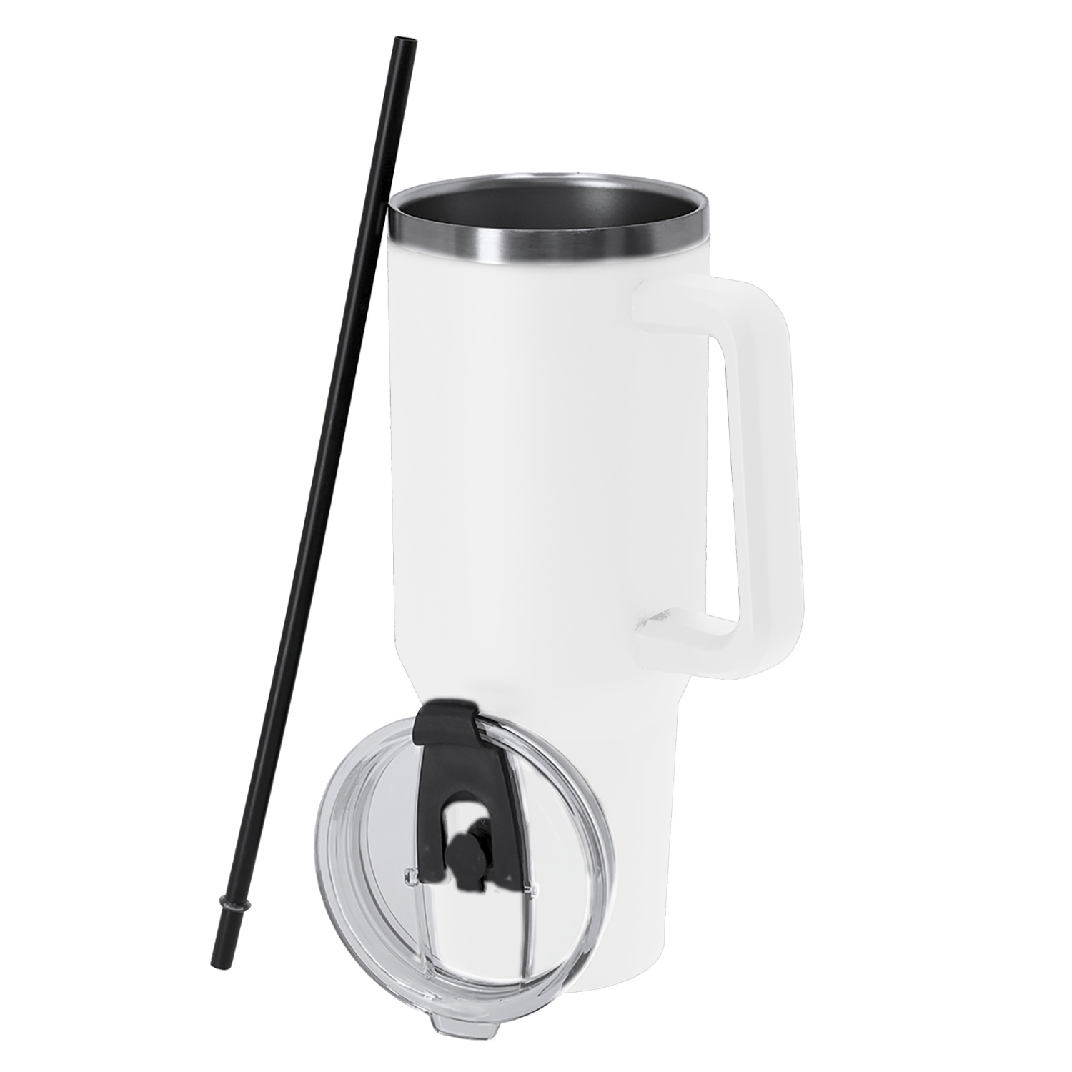 Un vaso blanco con asa, pajita negra y tapa transparente. Aislado en blanco.