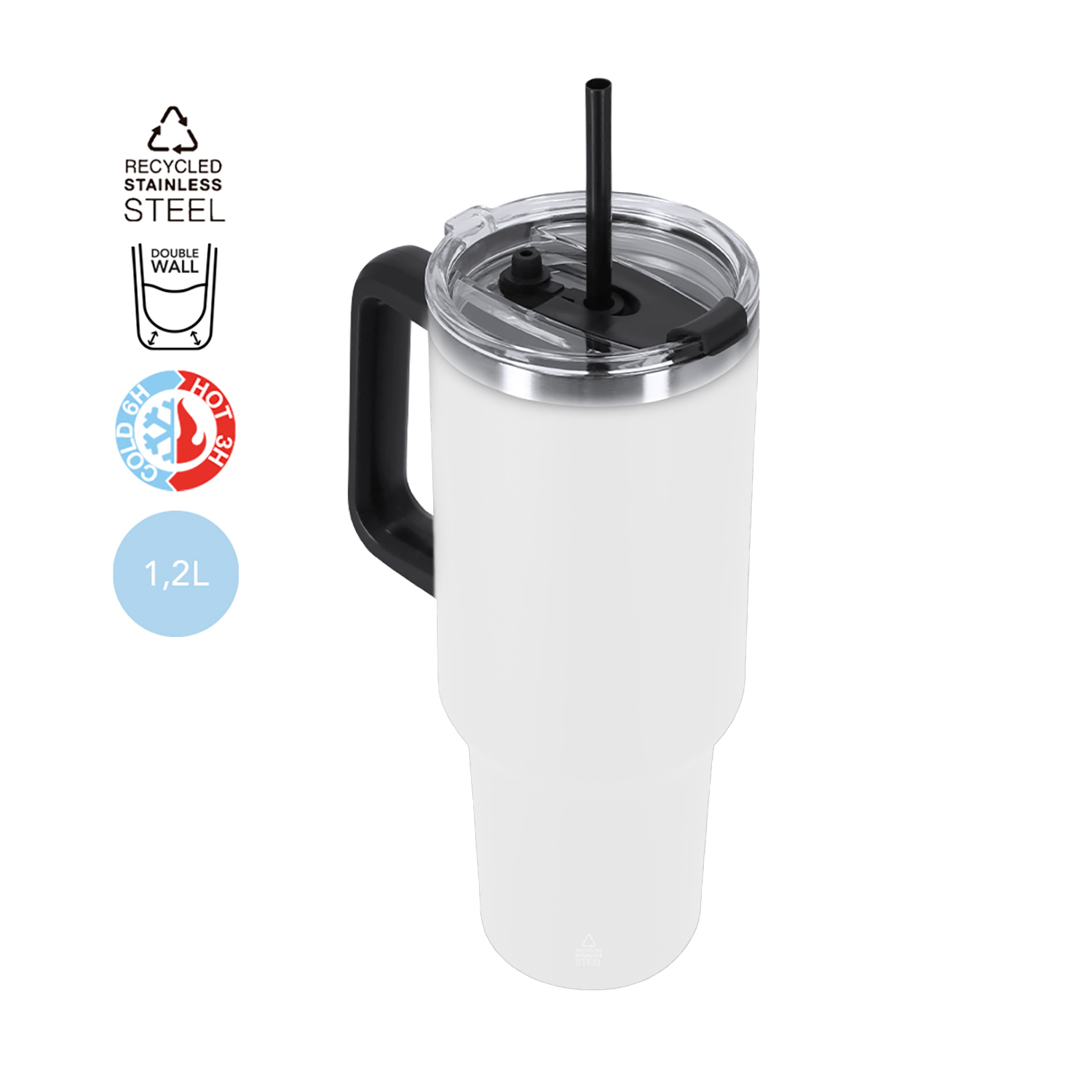 Vaso blanco aislado de acero inoxidable con asa y pajita negras.