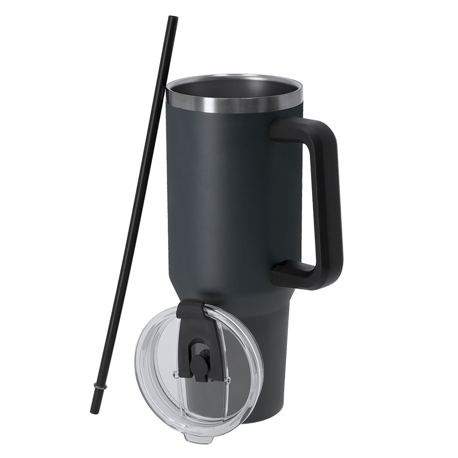 Vaso gris oscuro con asa y pajita negras. Tapa transparente cerca.