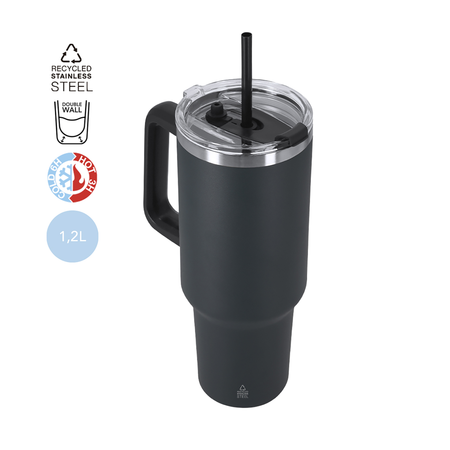Vaso gris oscuro con asa y pajita negras. Acero inoxidable reciclado, capacidad 1,2L.