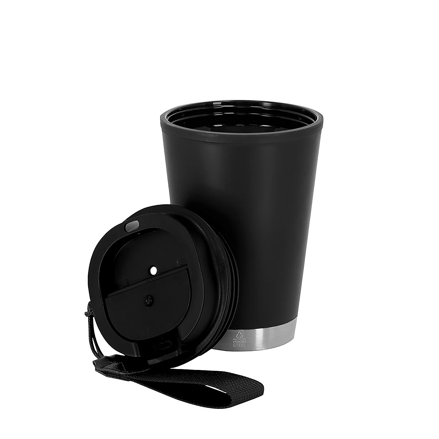 Tazza da viaggio nera in acciaio inox con coperchio rimosso e laccio.