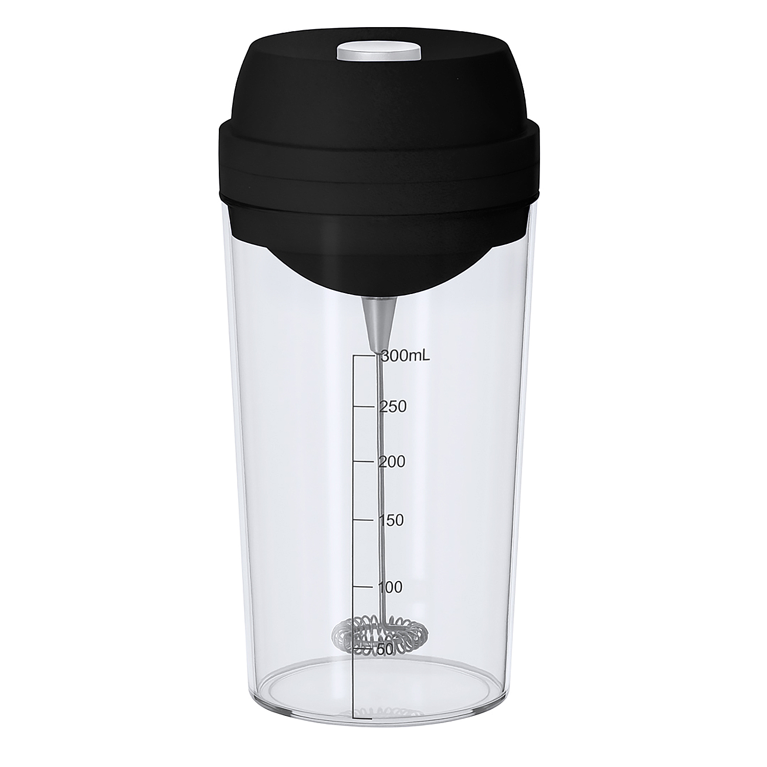 Uno shaker trasparente con coperchio nero e frusta. Segnato in ml.