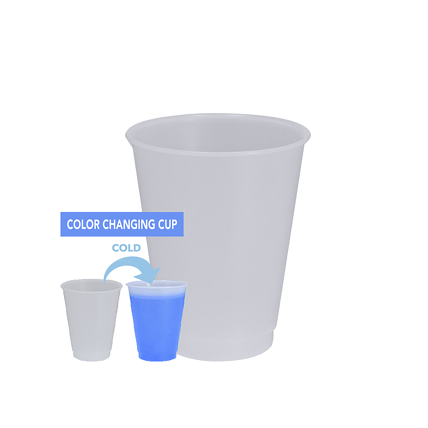 Una taza blanca junto a una taza más pequeña con líquido azul.