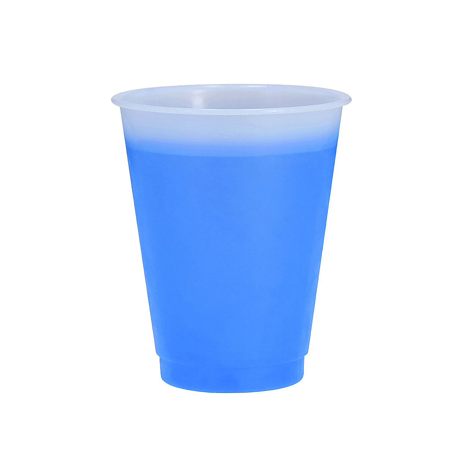 Un vaso azul con borde blanco, lleno de líquido azul.