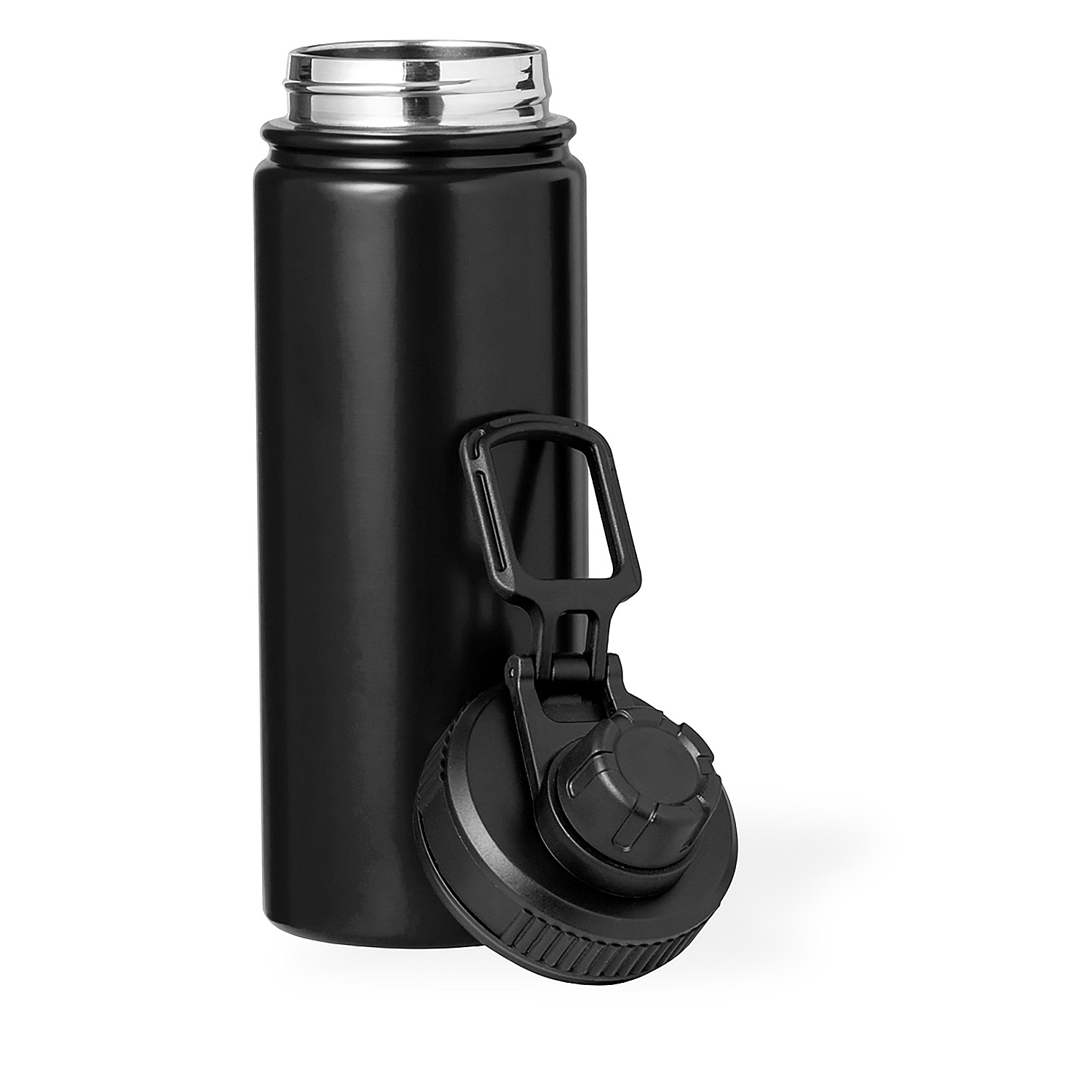 Botella de agua de acero inoxidable negra con tapa abatible abierta y asa.