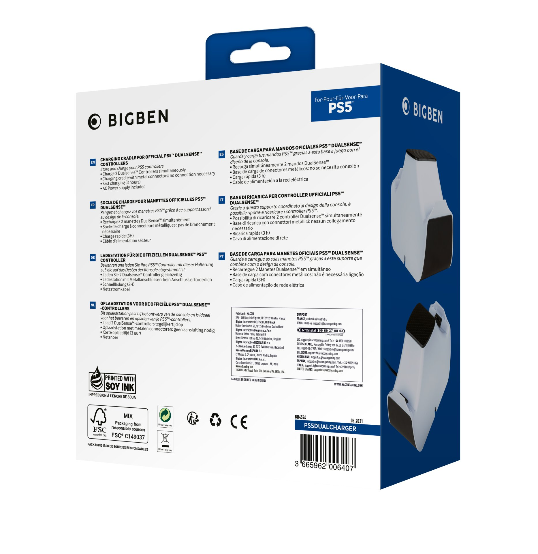 Biała stacja ładująca do kontrolerów PS5 DualSense z logo Bigben.