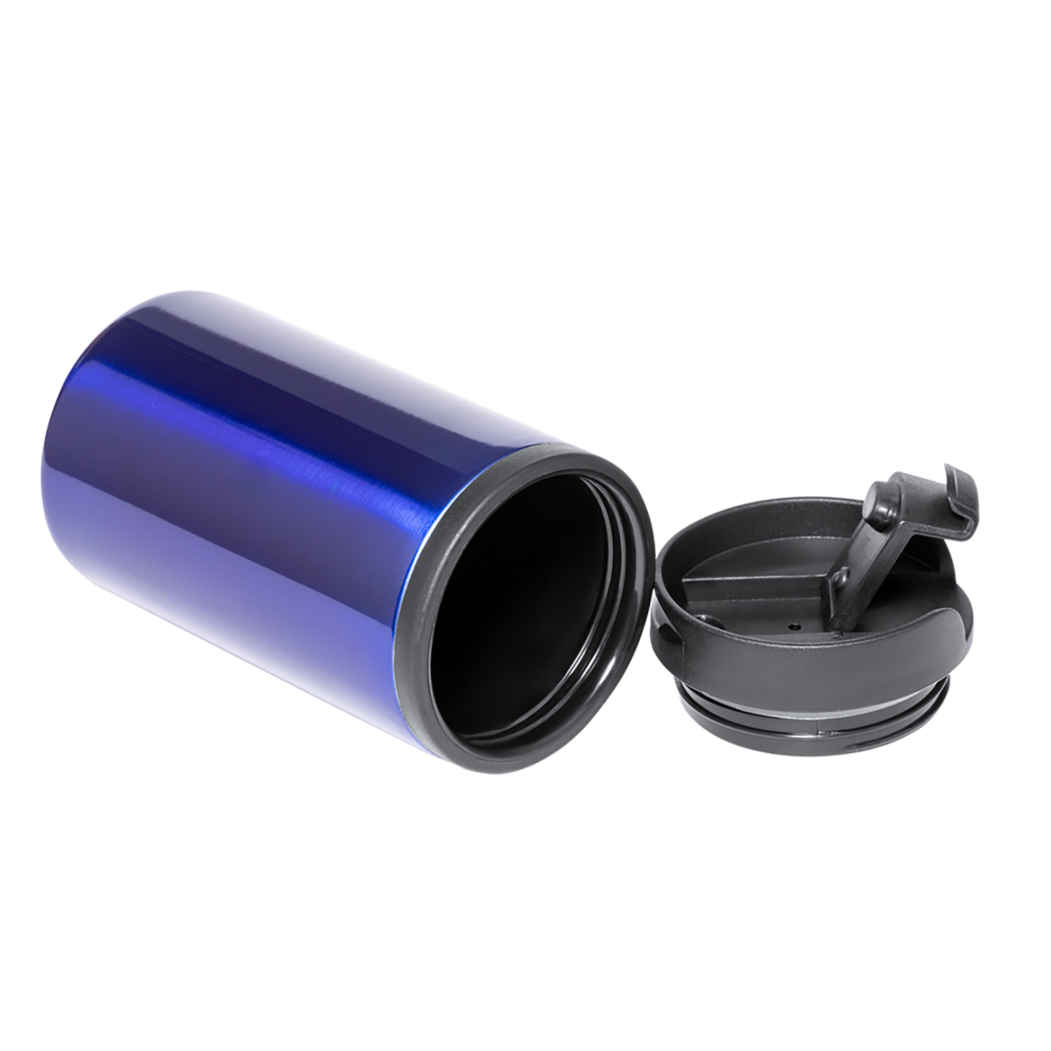 Un termo azul yace de lado con la tapa abierta a su lado.