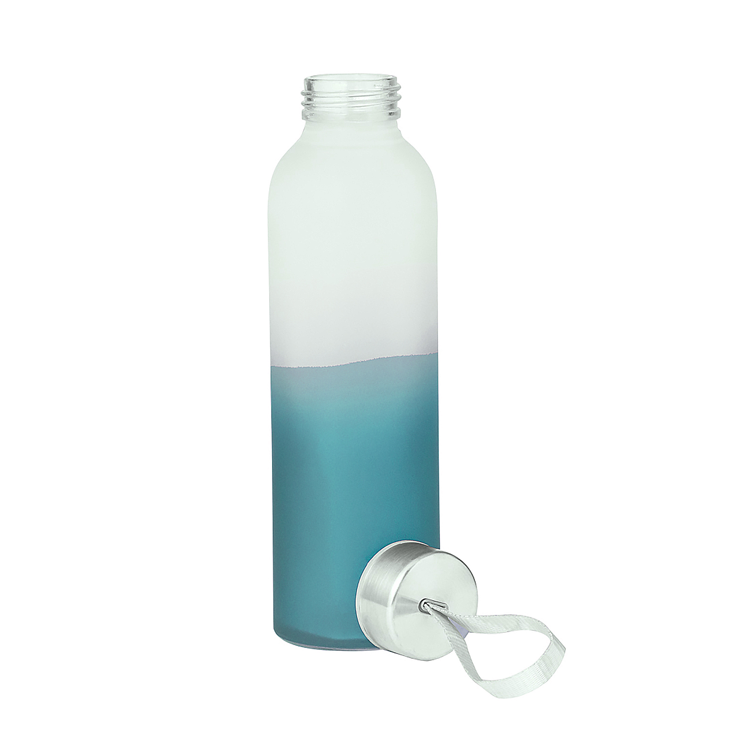 Una botella transparente con líquido turquesa y tapa plateada a un lado.