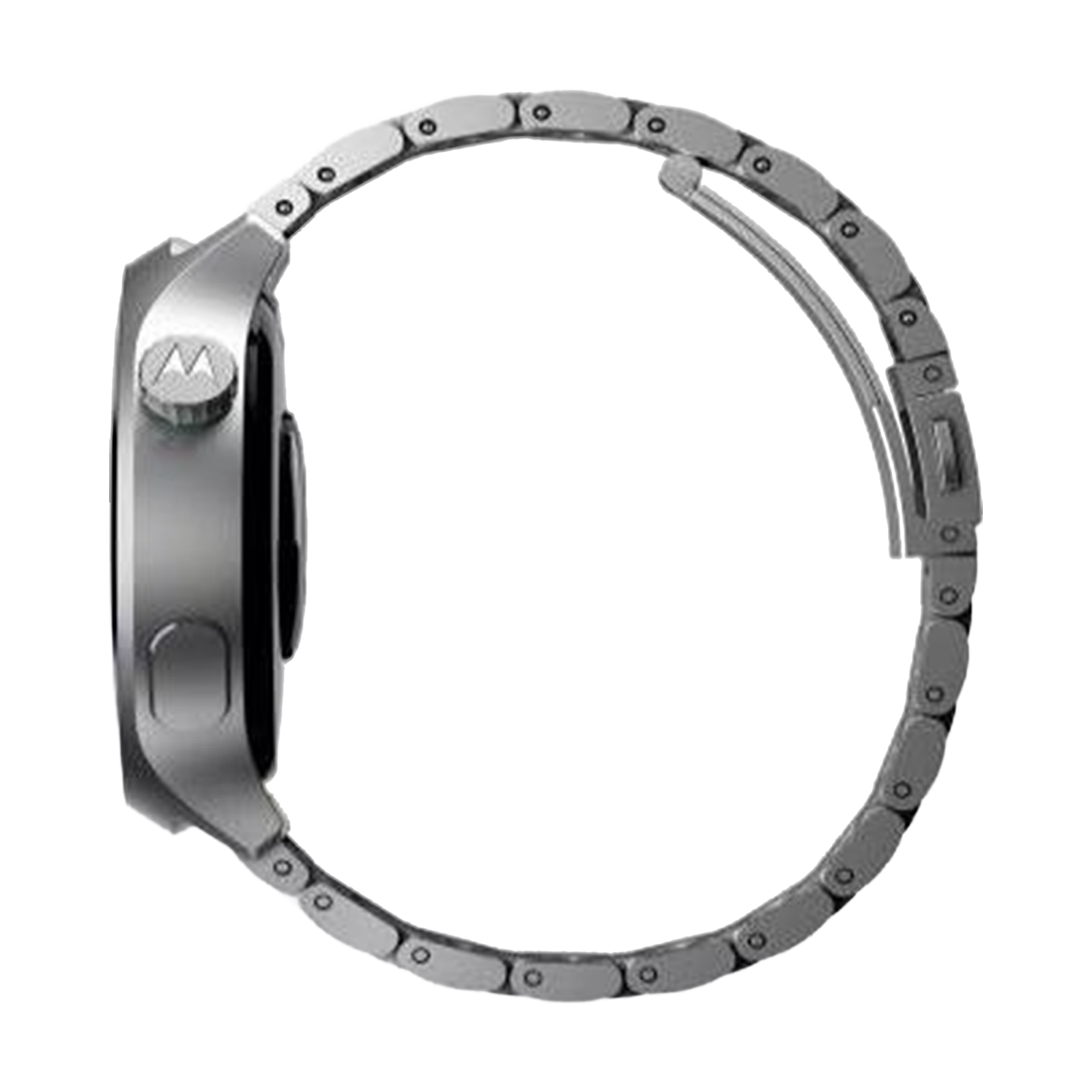 Ein silbernes Smartwatch-Gehäuse mit Motorola-Logo und Metallarmband.