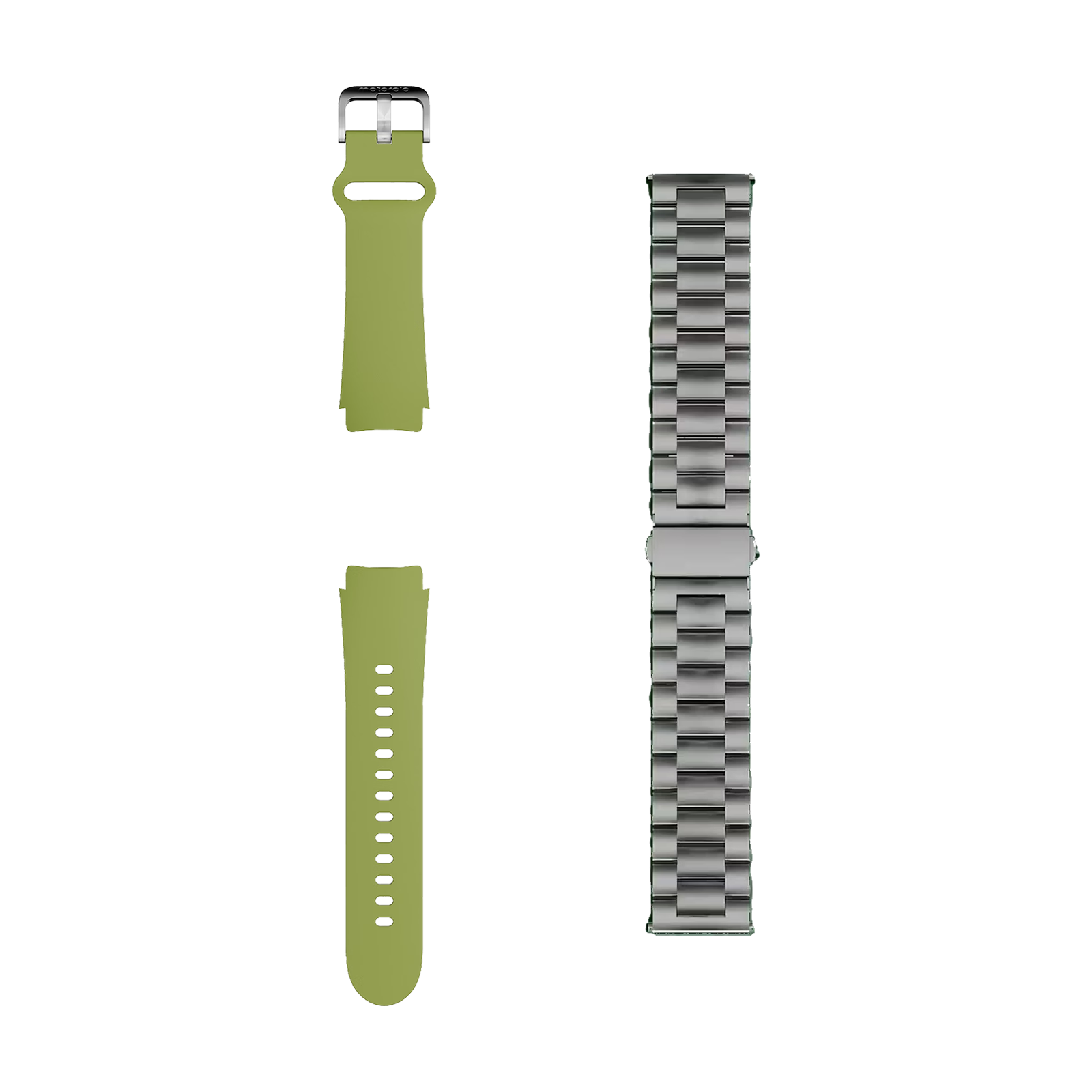 Ein olivgrünes Armband und ein silbernes Metallarmband liegen nebeneinander.