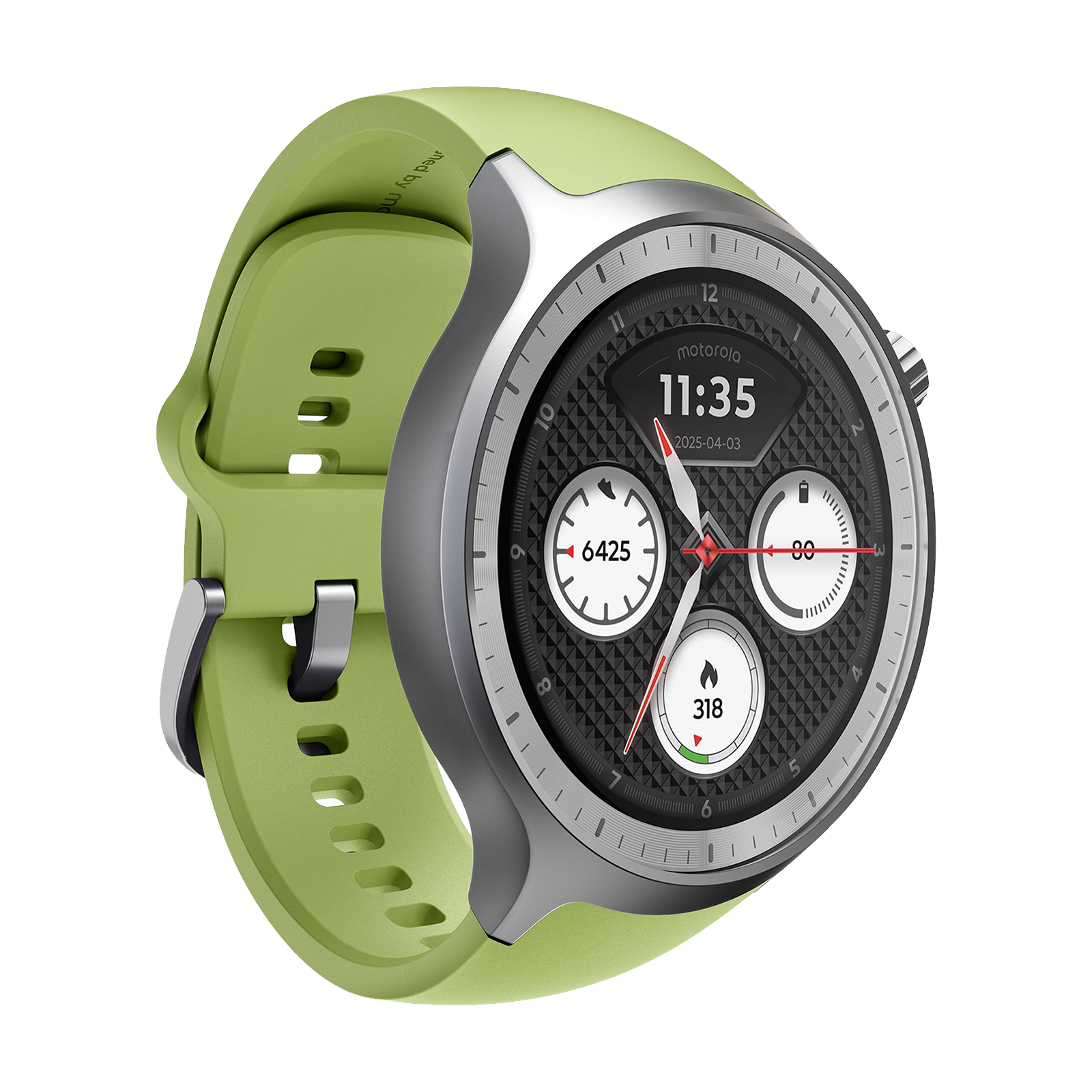 Zielony smartwatch z srebrną obudową pokazuje 11:35.