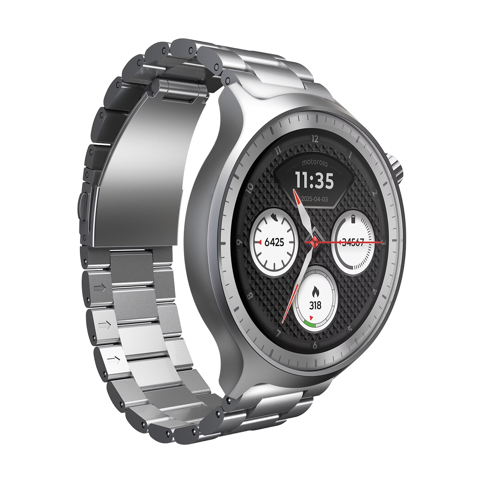 Srebrny smartwatch z srebrną bransoletą. Wyświetla 11:35 i dane zdrowotne.