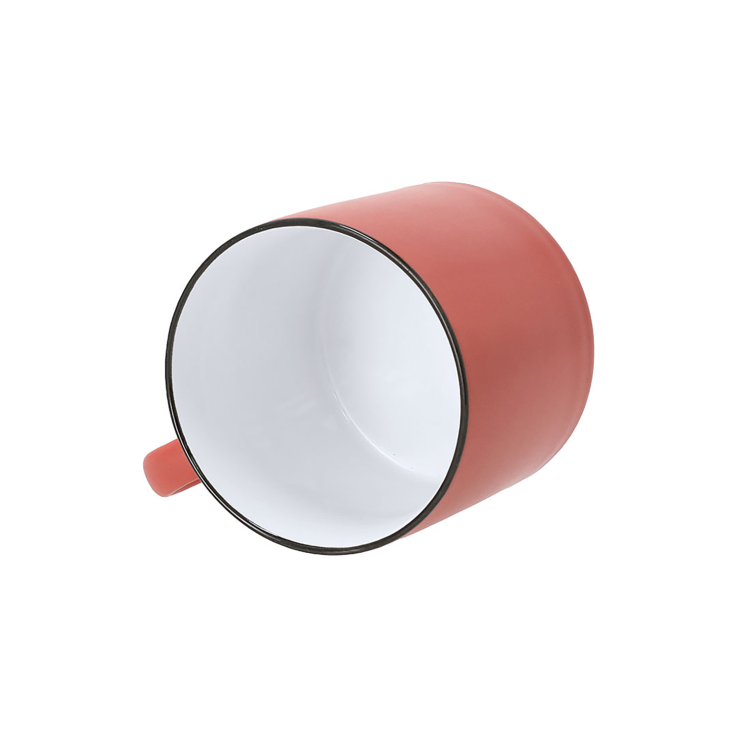 Tazza rossa con interno bianco e bordo nero, su sfondo bianco.