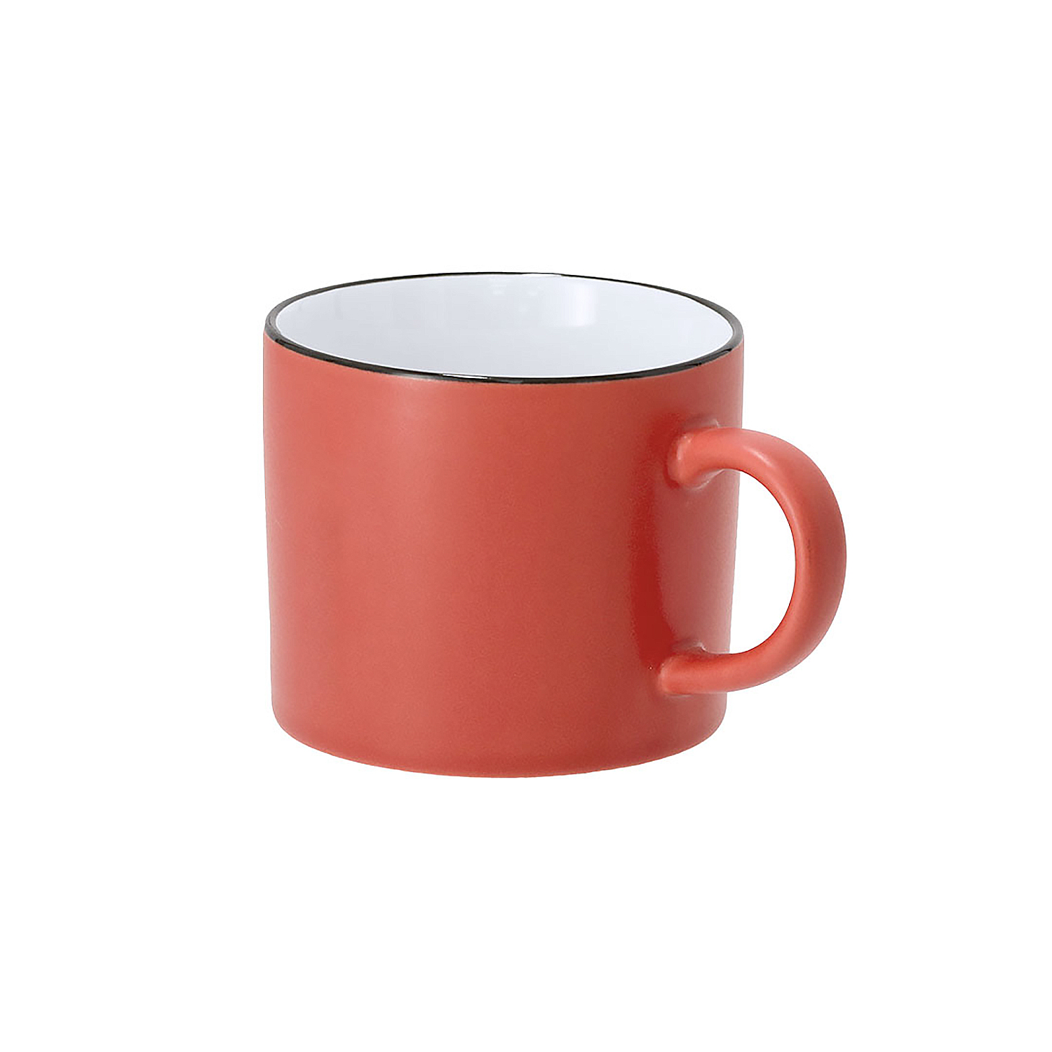 Una tazza rossa con interno bianco e bordo nero.